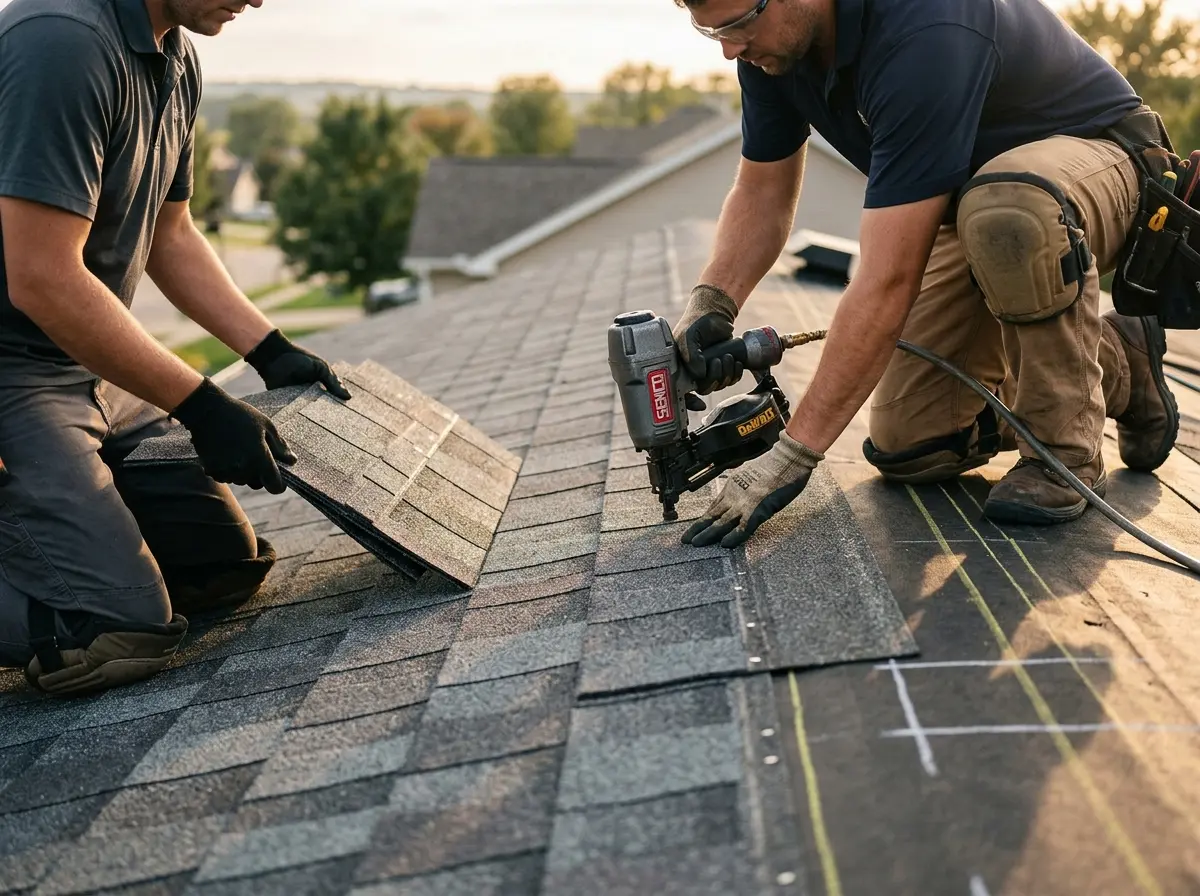 Professional roofer working on a residential roof in North Middleton